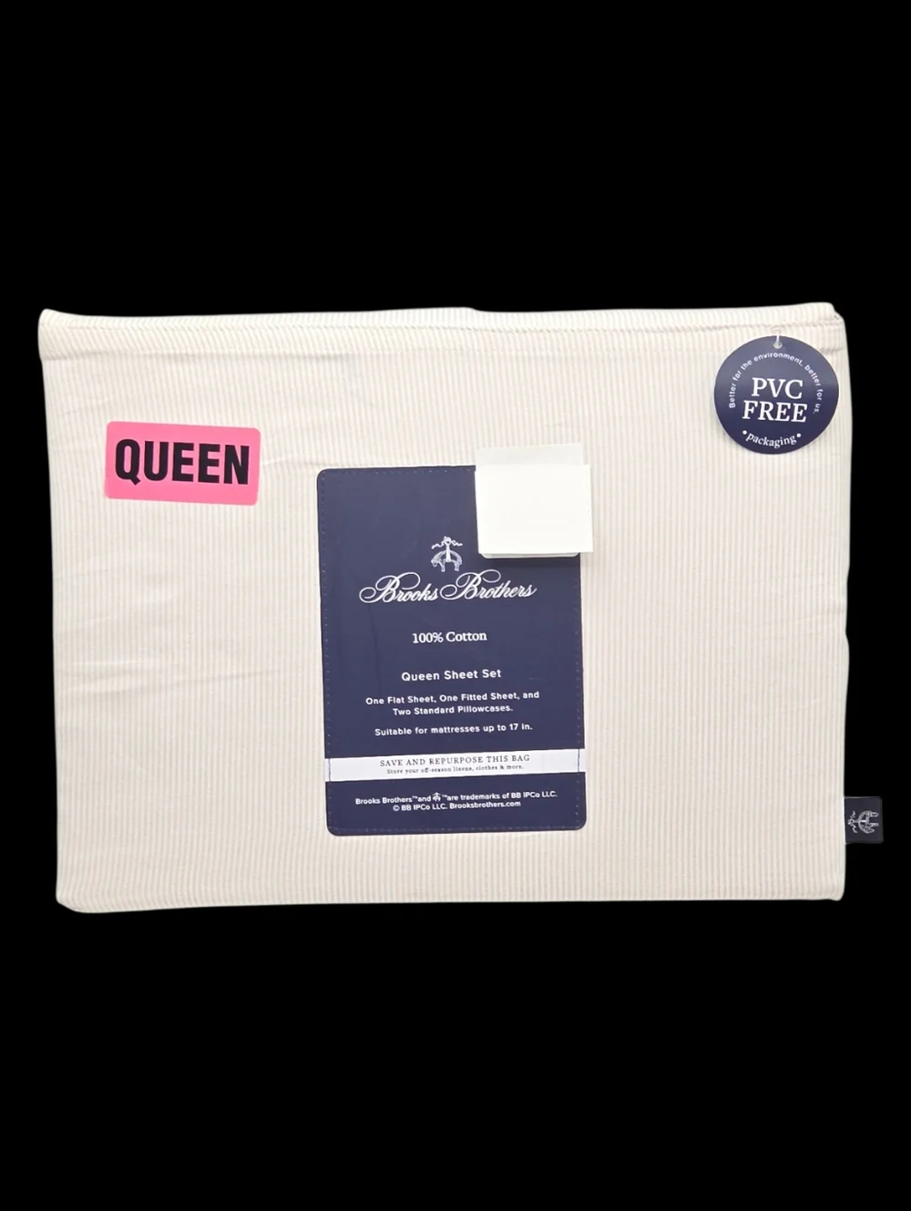 Brooks Brothers Striped Cotton Queen Sheet Set of 4pc White Taupe